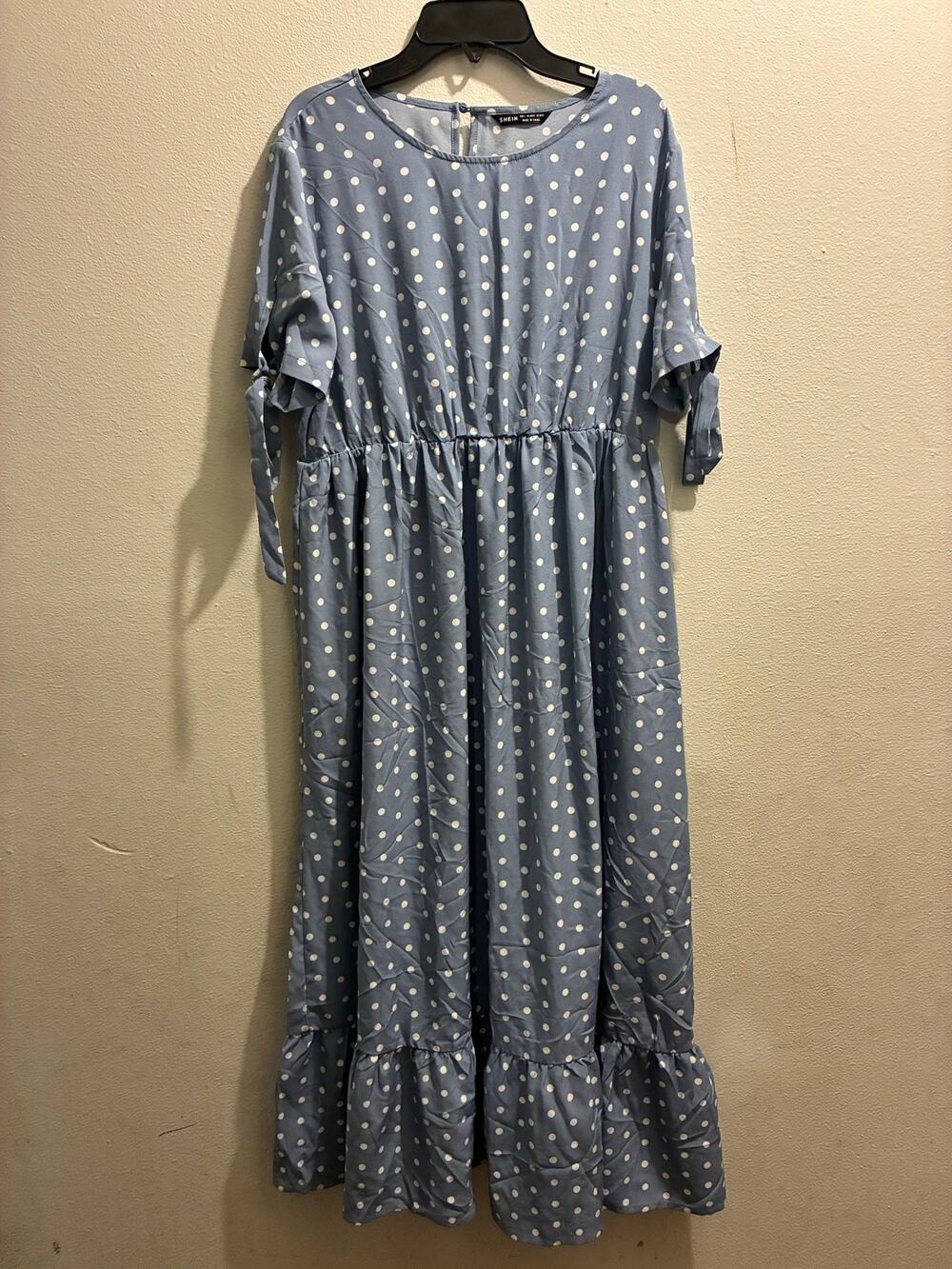 SHEIN Plus Blue Polka Dot Midi Dress Short Tie Sleeve Ruffle Hem Casual
 L